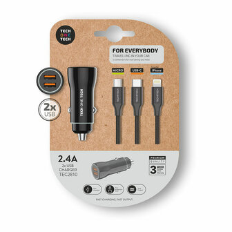 Universele USB-Autolader + Kabel Tech One Tech TEC2810 Dubbel USB x 2 1