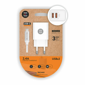 Wandlader + USB-Kabel-C Tech One Tech TEC2403 Wit Dubbel 1