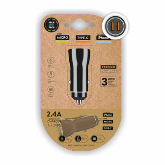 Auto oplader Tech One Tech TEC2802 Dubbel USB-C Micro USB 1