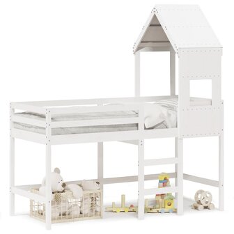 Halfhoogslaper met ladder en bedhuis grenenhout wit 90x190 cm 2