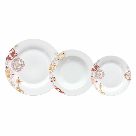 Serviesset 18 Onderdelen Porselein Bordeaux 1 cm Mosterd 1