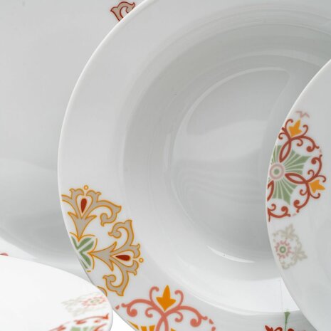 Serviesset 18 Onderdelen Porselein Bordeaux 1 cm Mosterd 4
