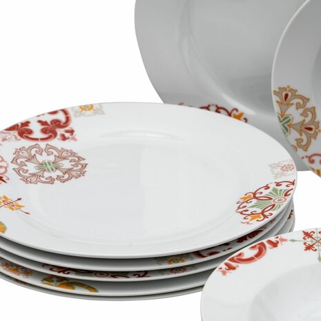 Serviesset 18 Onderdelen Porselein Bordeaux 1 cm Mosterd 7