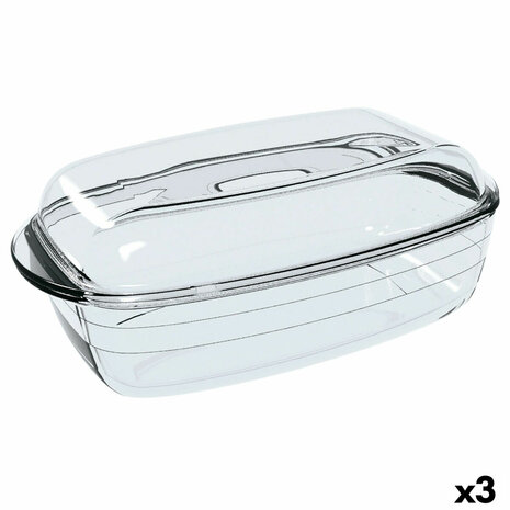 Serveerschaal Ô Cuisine Rechthoekig Met deksel 1,6 L 2,9 L Transparant Glas (3 Stuks) 1