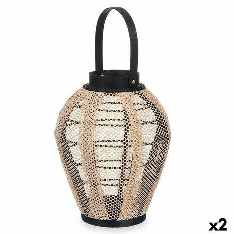 Kaarshouder Lantaarn Met handvat Beige Hout Stof 25 x 30 x 25 cm (2 Stuks) 1