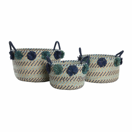 Mandenset DKD Home Decor 46 x 44 x 34 cm Pompons Polypropyleen Zeegras 4