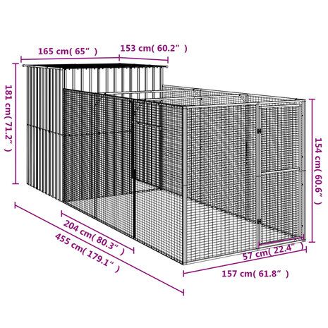 Hondenhok met ren 165x455x181 cm gegalvaniseerd staal antraciet 8