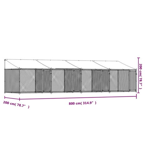 Hondenhok met dak en deuren 8x2x2 m gegalvaniseerd staal grijs 9