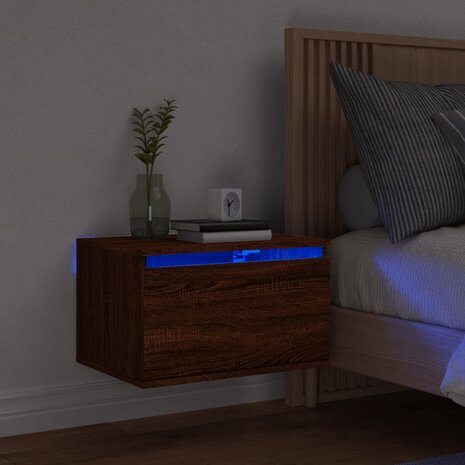 Nachtkastje met LED&apos;s wandgemonteerd bruin eikenkleur 1