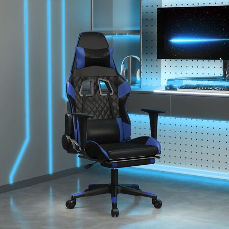 Gamestoel met voetensteun kunstleer zwart en blauw 1