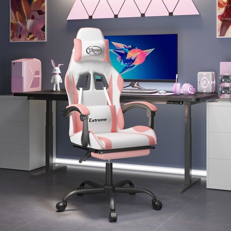 Gamestoel met voetensteun kunstleer wit en roze 1