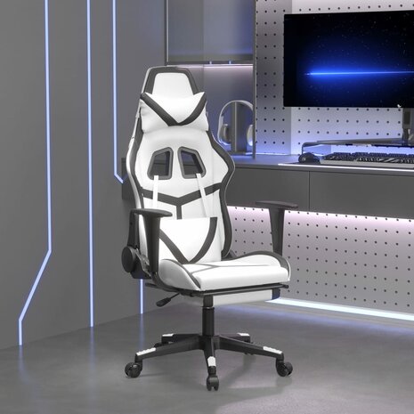 Massage gamestoel met voetensteun kunstleer wit en zwart 1