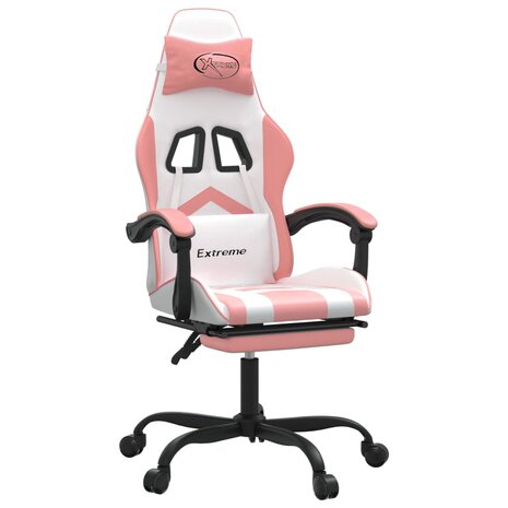 Gamestoel draaibaar met voetensteun kunstleer wit en roze 2