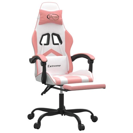 Gamestoel draaibaar met voetensteun kunstleer wit en roze 6