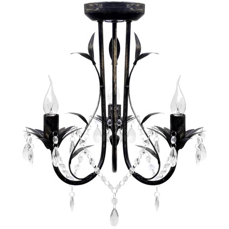 Kroonluchter art nouveau metaal kristallen kralen 3 gloeilampen zwart 1