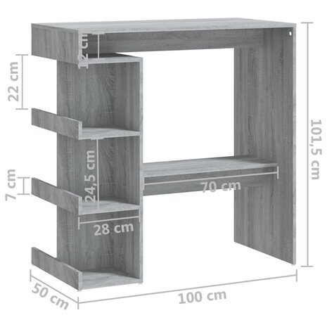 Bartafel met opbergrek 100x50x101,5 cm grijs sonoma 7