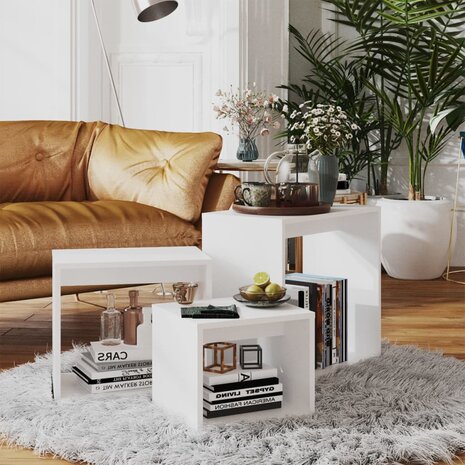3-delige Tafeltjesset bewerkt hout wit 1