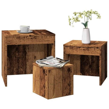 3-delige Tafeltjesset bewerkt hout oud houtkleurig 1