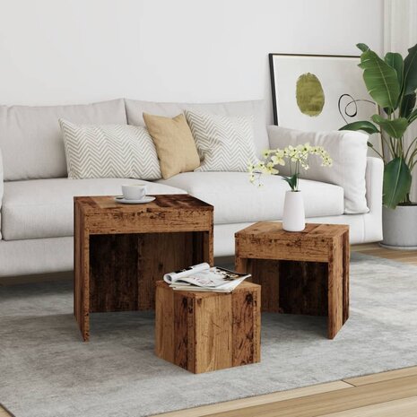 3-delige Tafeltjesset bewerkt hout oud houtkleurig 3