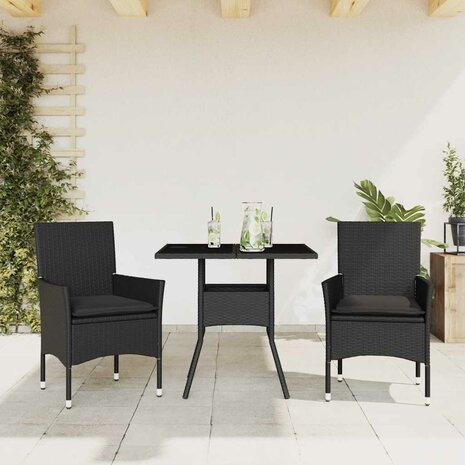 3-delige Tuinset met kussens poly rattan en glas zwart 1