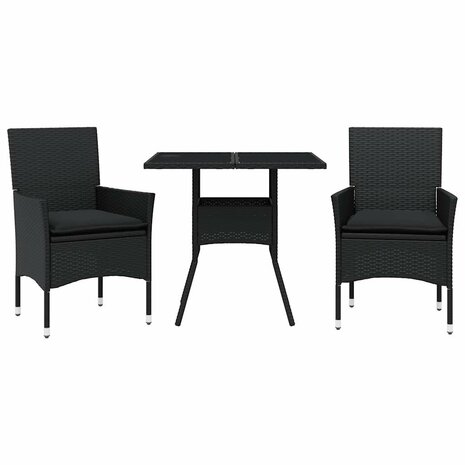3-delige Tuinset met kussens poly rattan en glas zwart 2
