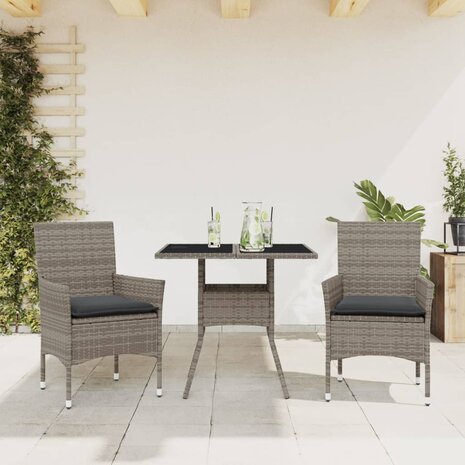 3-delige Tuinset met kussens poly rattan en glas grijs 1