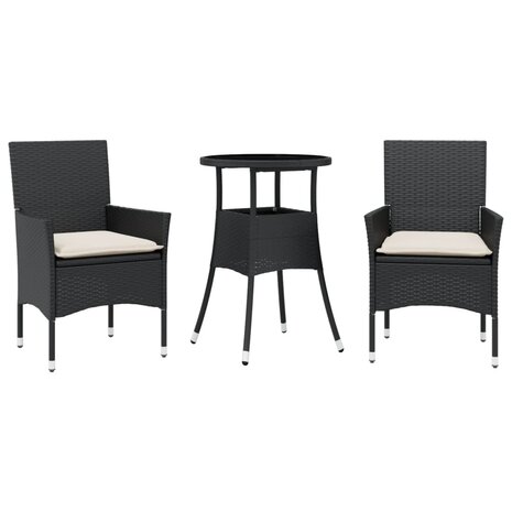 3-delige Tuinset met kussens poly rattan en glas zwart 2