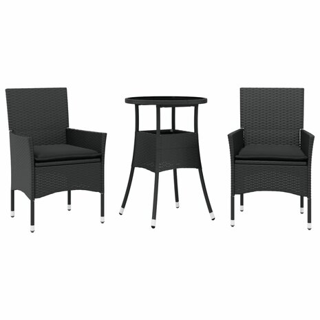 3-delige Tuinset met kussens poly rattan en glas zwart 2