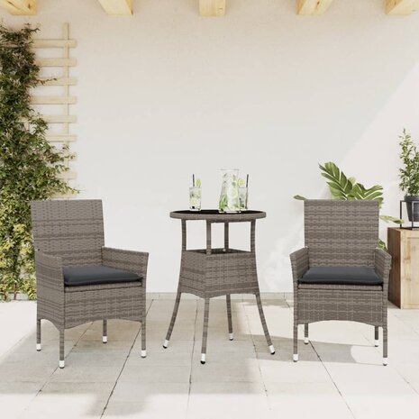 3-delige Tuinset met kussens poly rattan en glas grijs 1