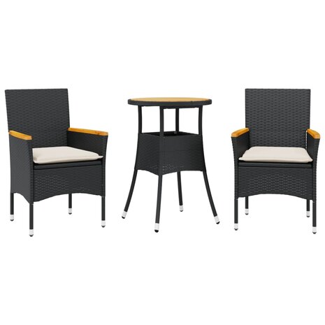 3-delige Tuinset met kussens poly rattan en acaciahout zwart 2