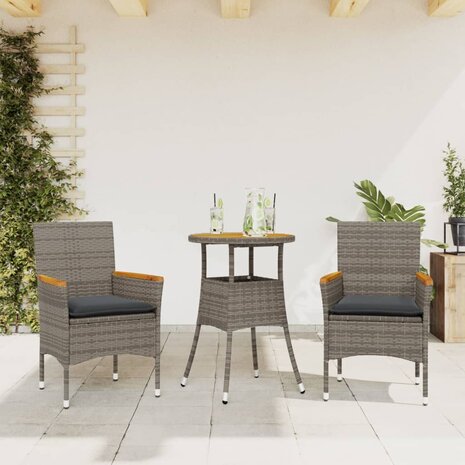 3-delige Tuinset met kussens poly rattan en acaciahout grijs 1
