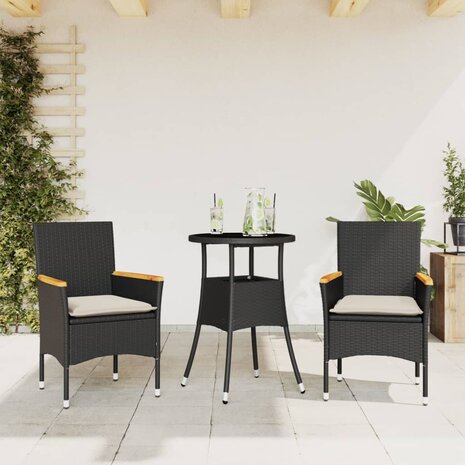 3-delige Tuinset met kussens poly rattan en glas zwart 1
