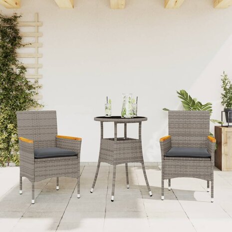3-delige Tuinset met kussens poly rattan en glas grijs 1