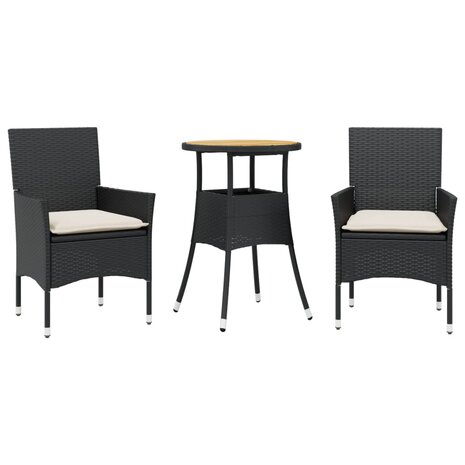 3-delige Tuinset met kussens poly rattan en acaciahout zwart 2