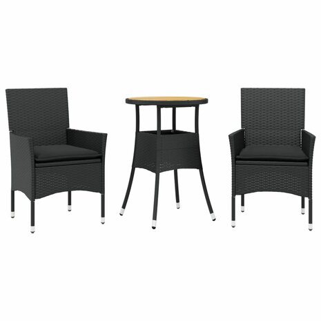 3-delige Tuinset met kussens poly rattan en acaciahout zwart 2