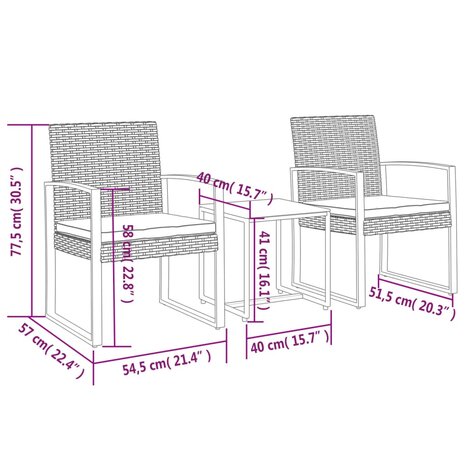3-delige Tuinset met kussens polypropeen rattan zwart 7
