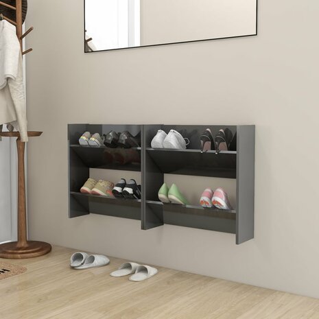 Wandschoenenkasten 2 st 60x18x60 cm hout hoogglans grijs 1