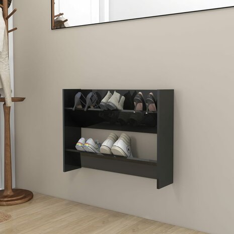 Wandschoenenkast 80x18x60 cm bewerkt hout hoogglans zwart 1