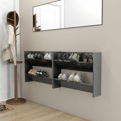 Wandschoenenkasten 2 st 80x18x60 cm hout hoogglans grijs 1