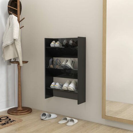 Wandschoenenkast 60x18x90 cm bewerkt hout hoogglans zwart 1