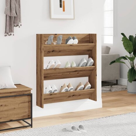 Wandschoenenkast 80x18x90 cm bewerkt hout artisanaal eikenkleur 3