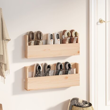 Wandschoenenrekken 2 st 59x9x23 cm massief grenenhout 1