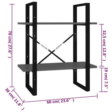 Boekenkast met 2 schappen 60x30x70 cm bewerkt hout grijs 7