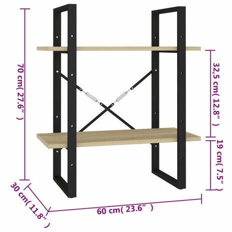 Boekenkast met 2 schappen 60x30x70 cm bewerkt hout sonoma eiken 7