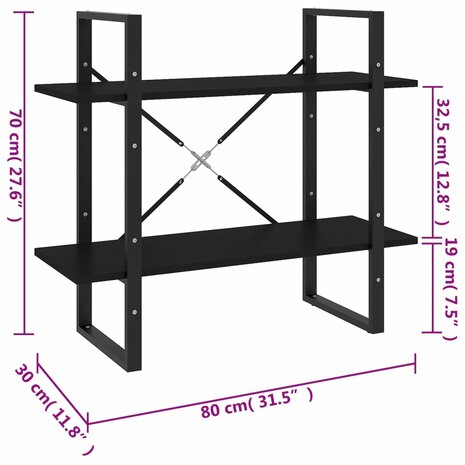 Boekenkast met 2 schappen 80x30x70 cm spaanplaat zwart 7