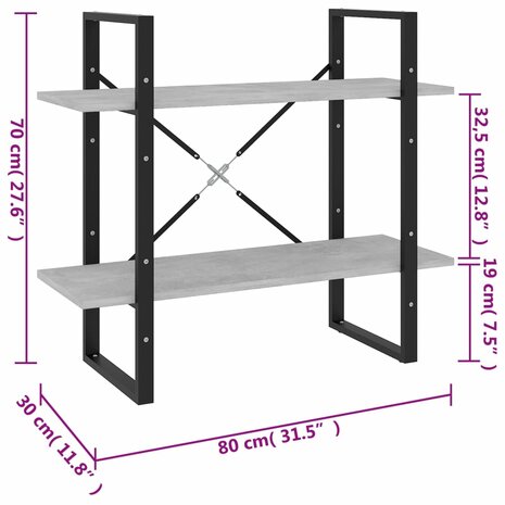 Boekenkast met 2 schappen 80x30x70 cm spaanplaat betongrijs 7