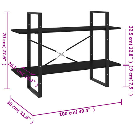 Boekenkast met 2 schappen 100x30x70 cm spaanplaat zwart 7