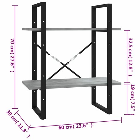 Boekenkast 60x30x70 cm bewerkt hout grijs sonoma eikenkleurig 7