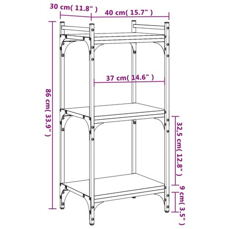 Boekenkast 3-laags 40x30x86 cm bewerkt hout grijs sonoma 9