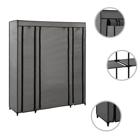 Kledingkast met vakken en stangen 150x45x176 cm stof grijs 3
